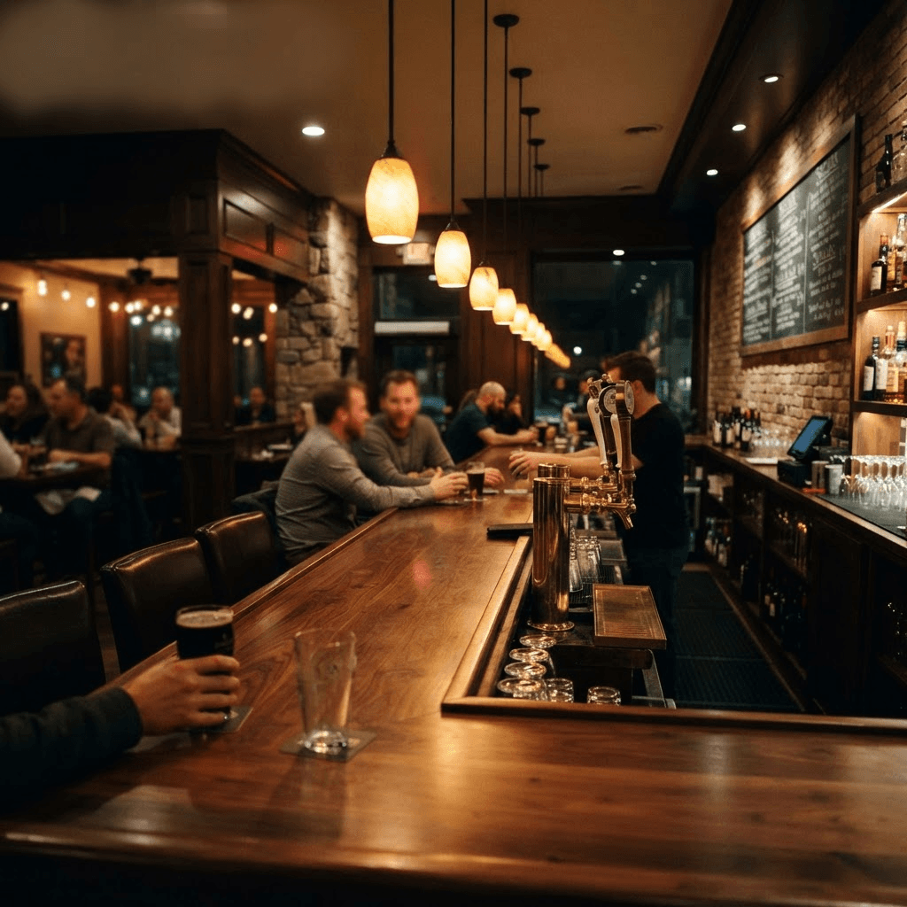 Walnut bar with brass taps under amber pendant lights