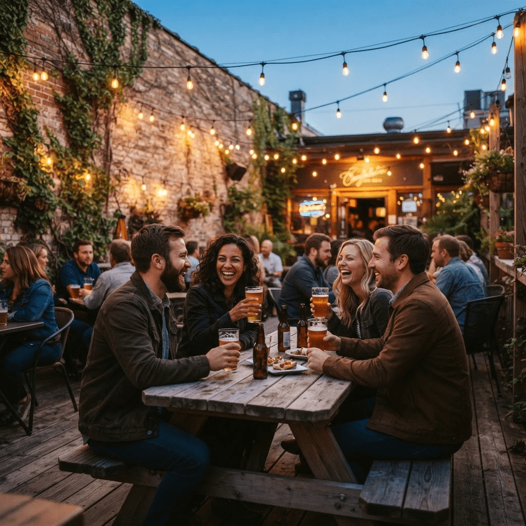 Friends sharing pints under string lights on the back patio